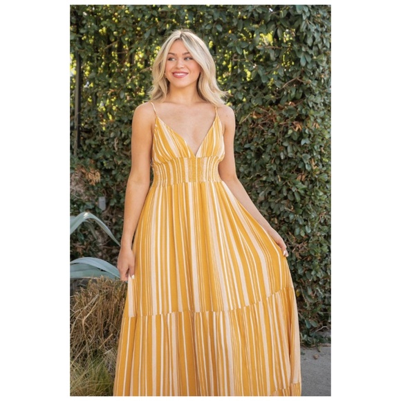 SOLD OUT Yellow & White Striped Smocked Waist Strapless Rayon Gauze Sleeveless - Picture 2 of 6